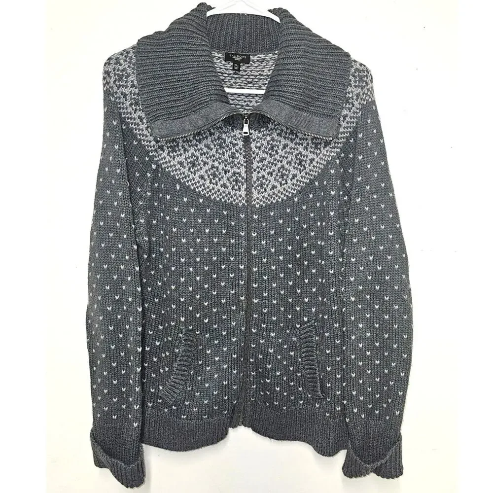 Talbots Women Cardigan XL Petite Fair Isle Full Zip Wool Blend Ski Grandmacore